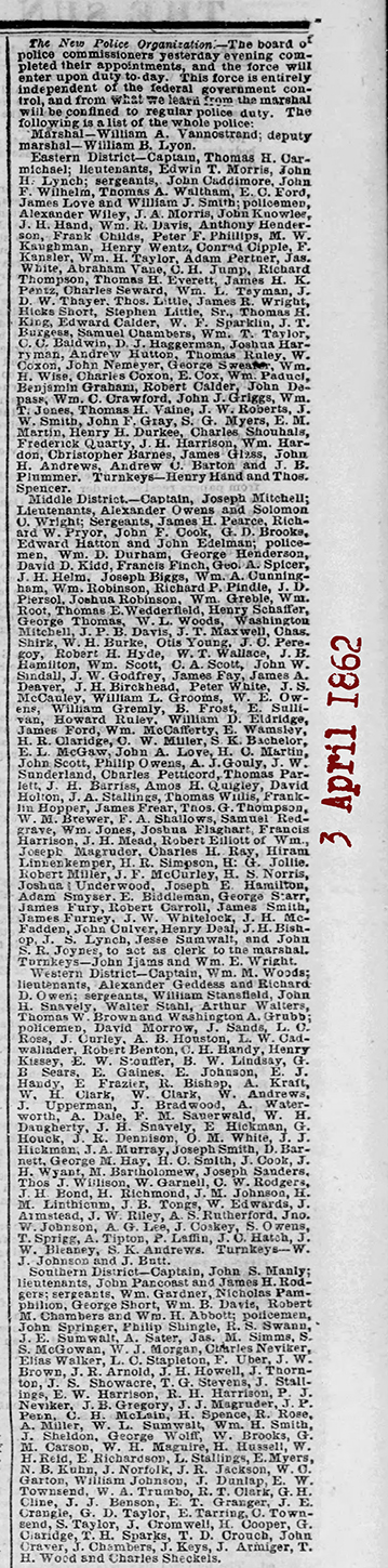3 april 1862 The Baltimore Sun Thu Apr 3 1862 new police force with officers72